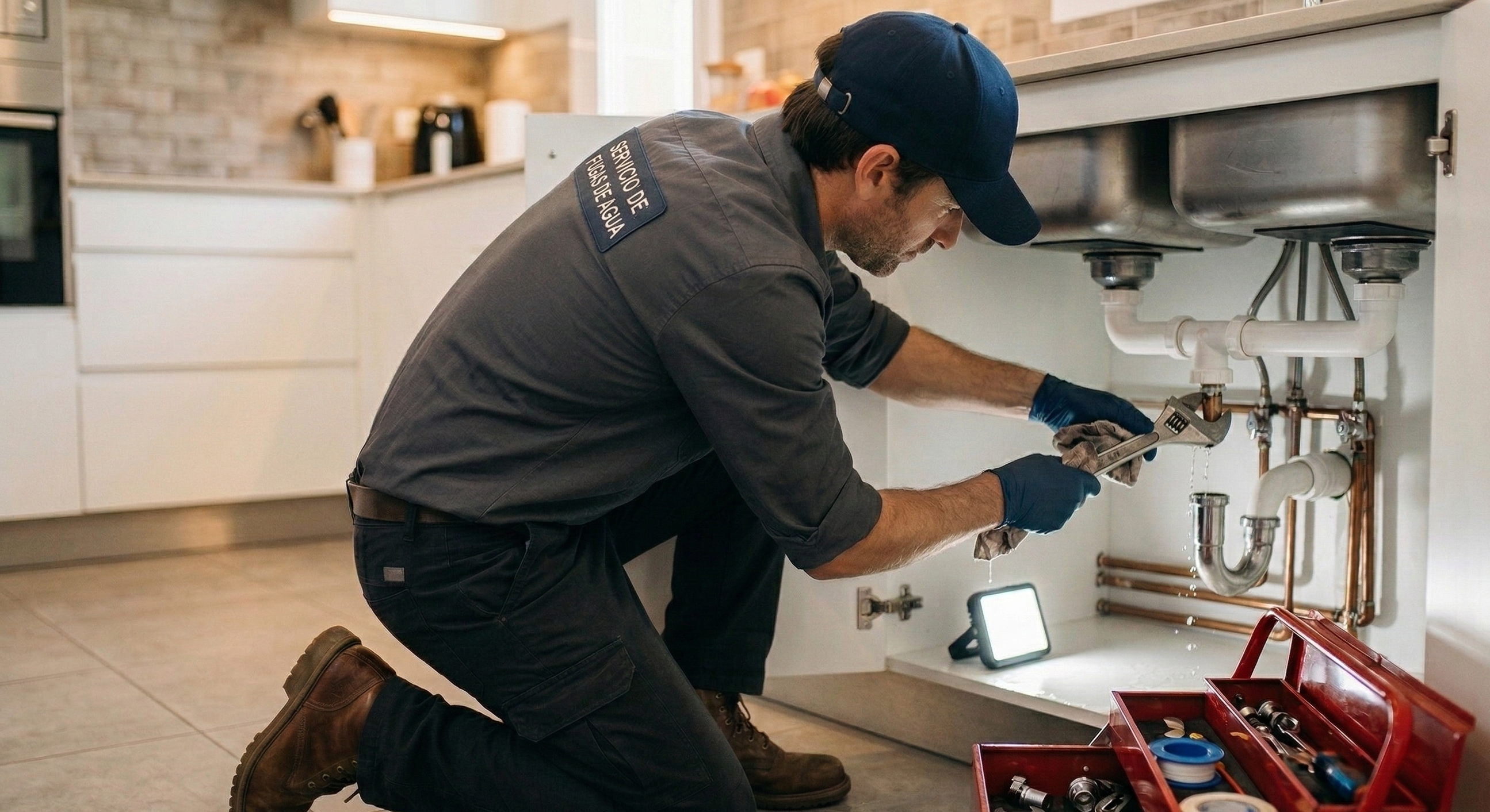 Fontanero de FontaRescate reparando una fuga de agua en Murcia